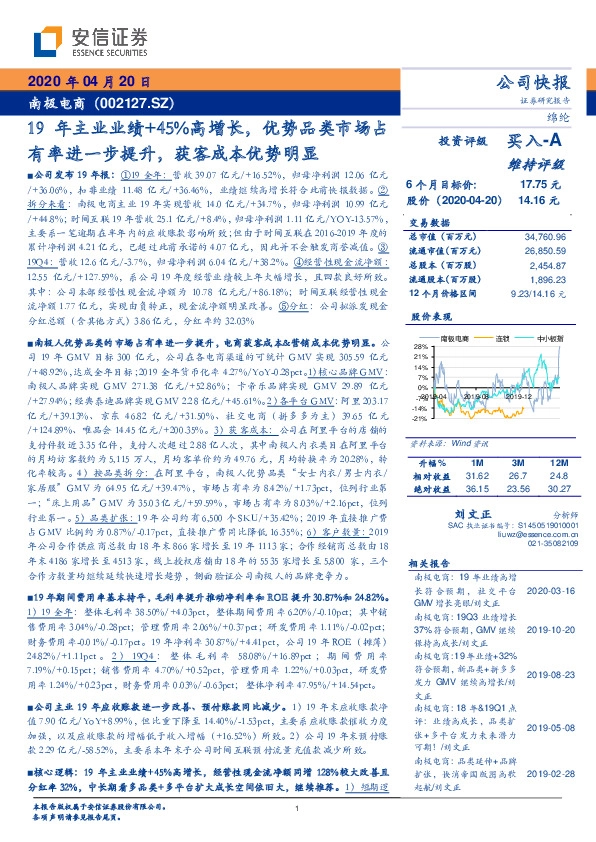19年主业业绩+45%高增长，优势品类市场占有率进一步提升，获客成本优势明显