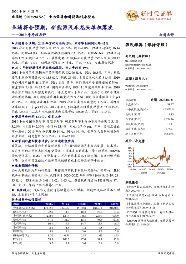 2019年年报点评：业绩符合预期，新能源汽车龙头厚积薄发
