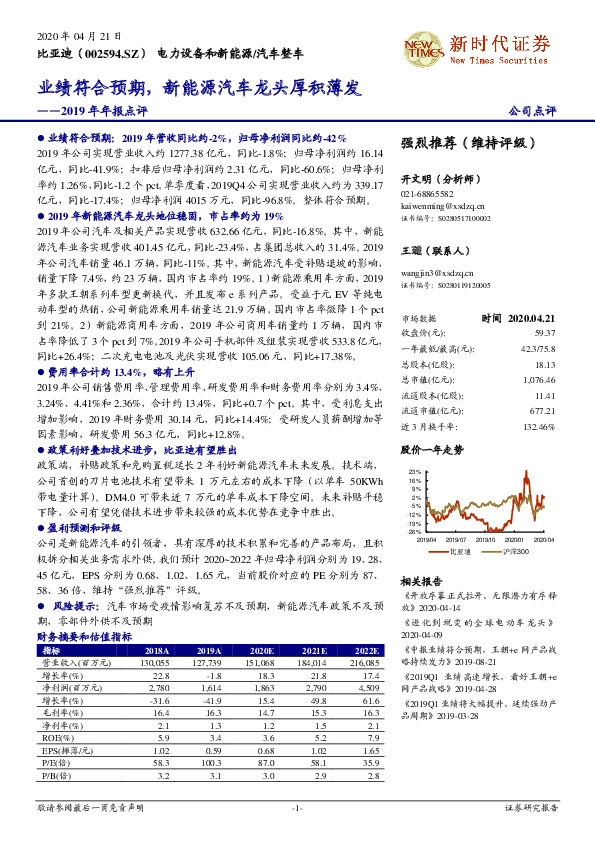 2019年年报点评：业绩符合预期，新能源汽车龙头厚积薄发