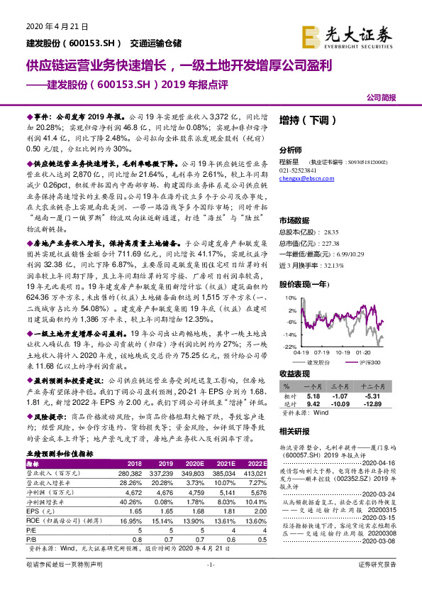 2019年报点评：供应链运营业务快速增长，一级土地开发增厚公司盈利