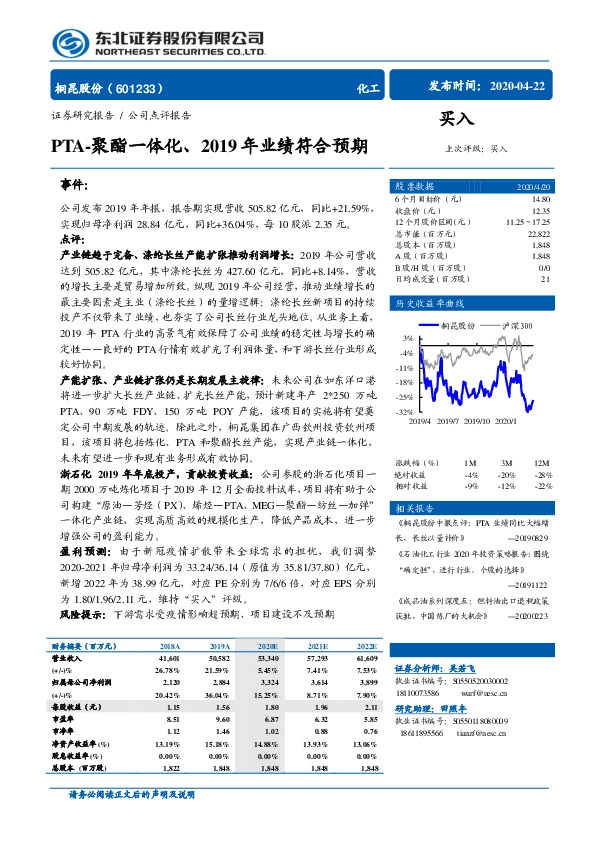 PTA-聚酯一体化、2019年业绩符合预期