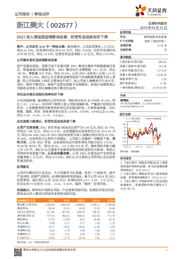 20Q1收入增速受疫情影响显著，经营性现金流有所下降