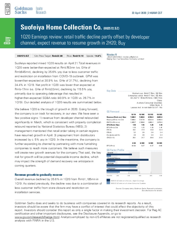 1Q20 Earnings review: retail traffic decline partly offset by developer channel, expect revenue to resume growth in 2H20; Buy