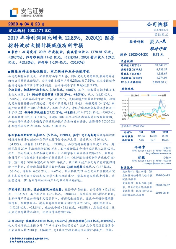 2019年净利润同比增长12.83%，2020Q1因原材料波动大幅计提减值有所亏损