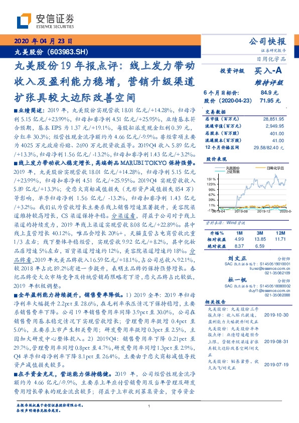 丸美股份19年报点评：线上发力带动收入及盈利能力稳增，营销升级渠道扩张具较大边际改善空间
