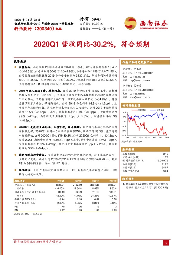 2020Q1营收同比-30.2%，符合预期