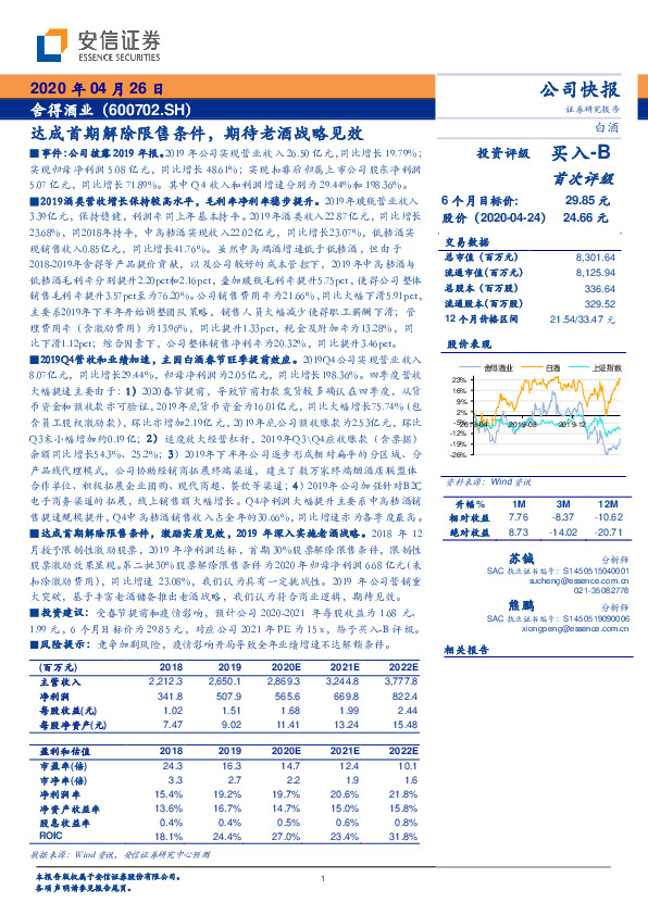 达成首期解除限售条件，期待老酒战略见效