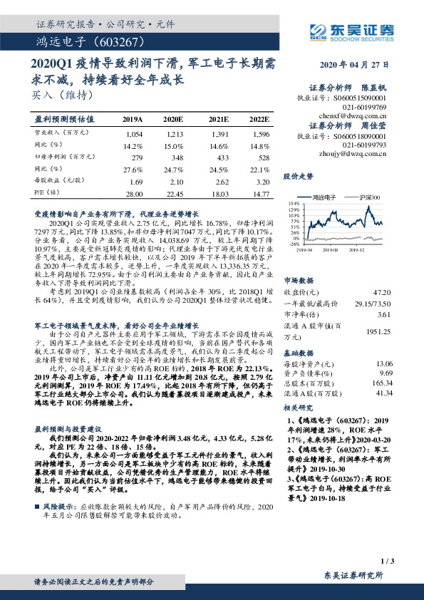2020Q1疫情导致利润下滑，军工电子长期需求不减，持续看好全年成长