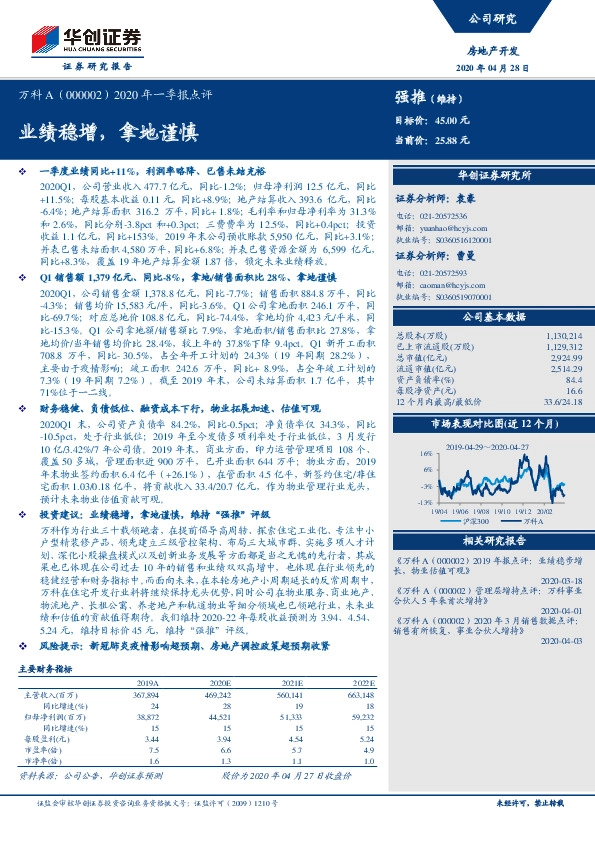 2020年一季报点评：业绩稳增，拿地谨慎