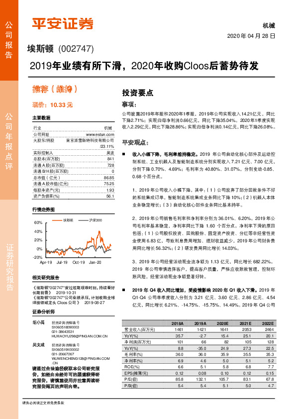 2019年业绩有所下滑，2020年收购Cloos后蓄势待发