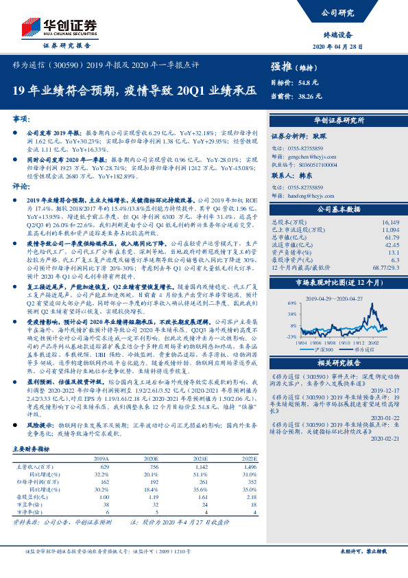 2019年报及2020年一季报点评：19年业绩符合预期，疫情导致20Q1业绩承压