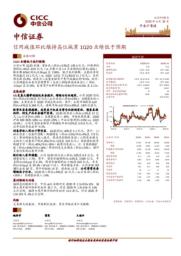 信用减值环比维持高位拖累1Q20业绩低于预期