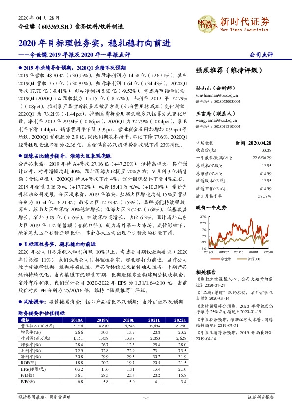 今世缘2019年报及2020年一季报点评：2020年目标理性务实，稳扎稳打向前进