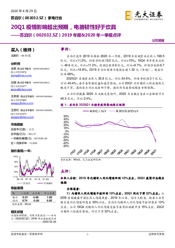 2019年报&2020年一季报点评：20Q1疫情影响超出预期，电器韧性好于炊具