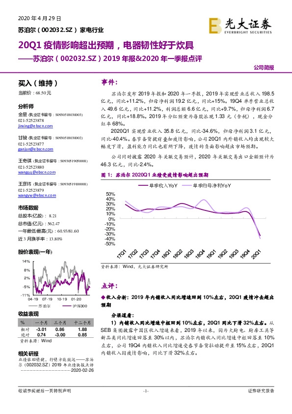 2019年报&2020年一季报点评：20Q1疫情影响超出预期，电器韧性好于炊具