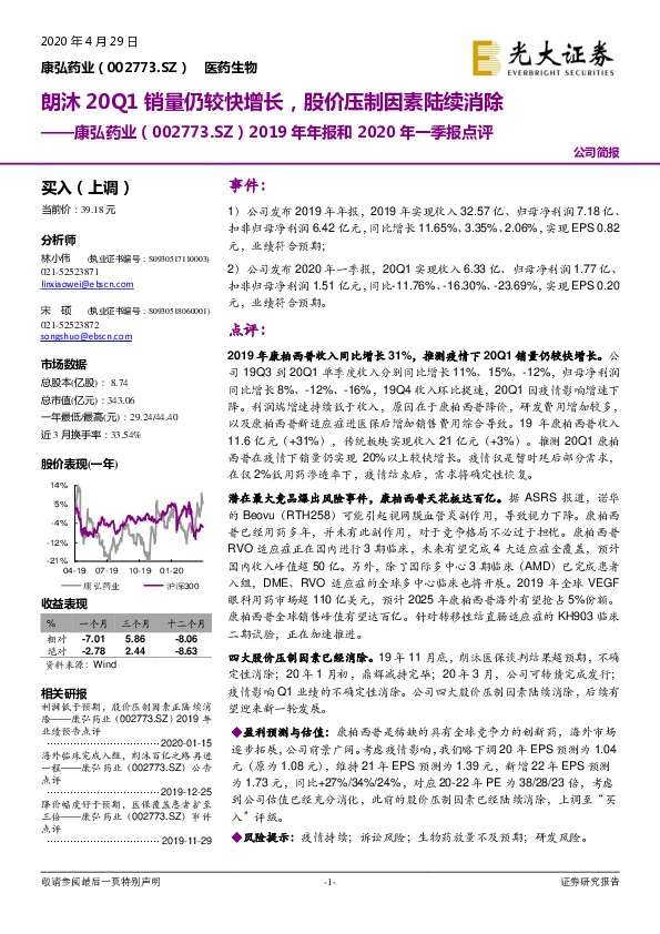 2019年年报和2020年一季报点评：朗沐20Q1销量仍较快增长，股价压制因素陆续消除