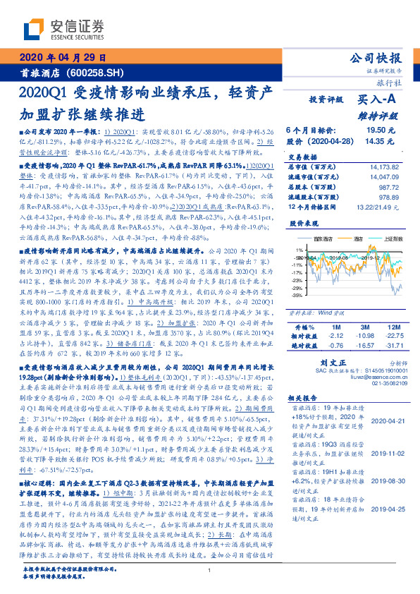 2020Q1受疫情影响业绩承压，轻资产加盟扩张继续推进