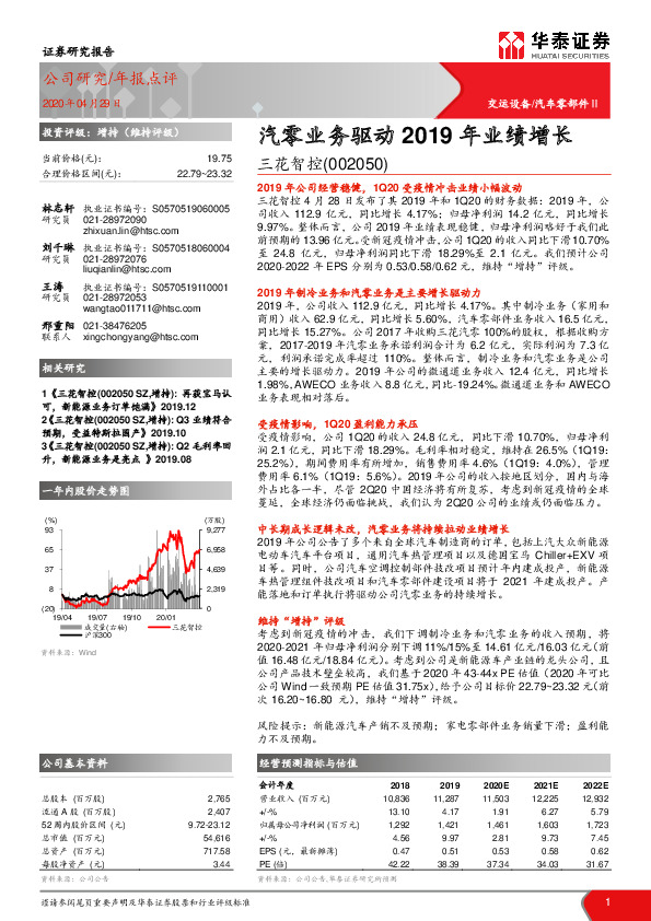 汽零业务驱动2019年业绩增长