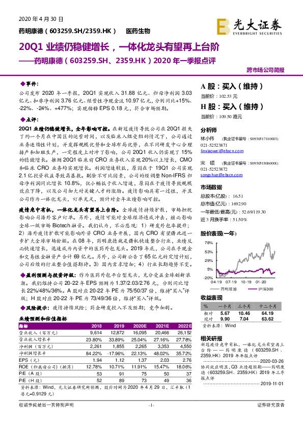2020年一季报点评：20Q1业绩仍稳健增长，一体化龙头有望再上台阶