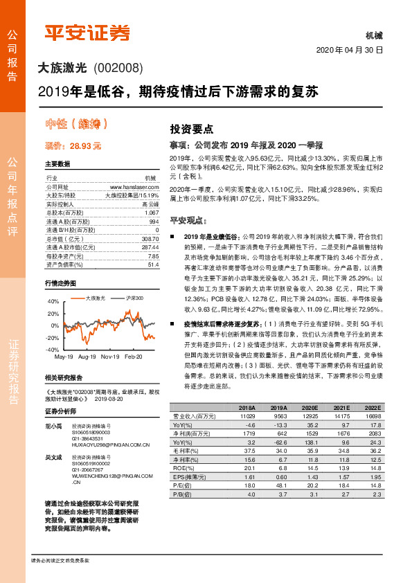 2019年是低谷，期待疫情过后下游需求的复苏