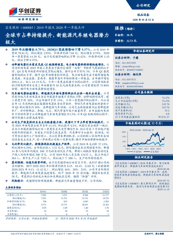 2019年报及2020年一季报点评：全球市占率持续提升，新能源汽车继电器潜力极大