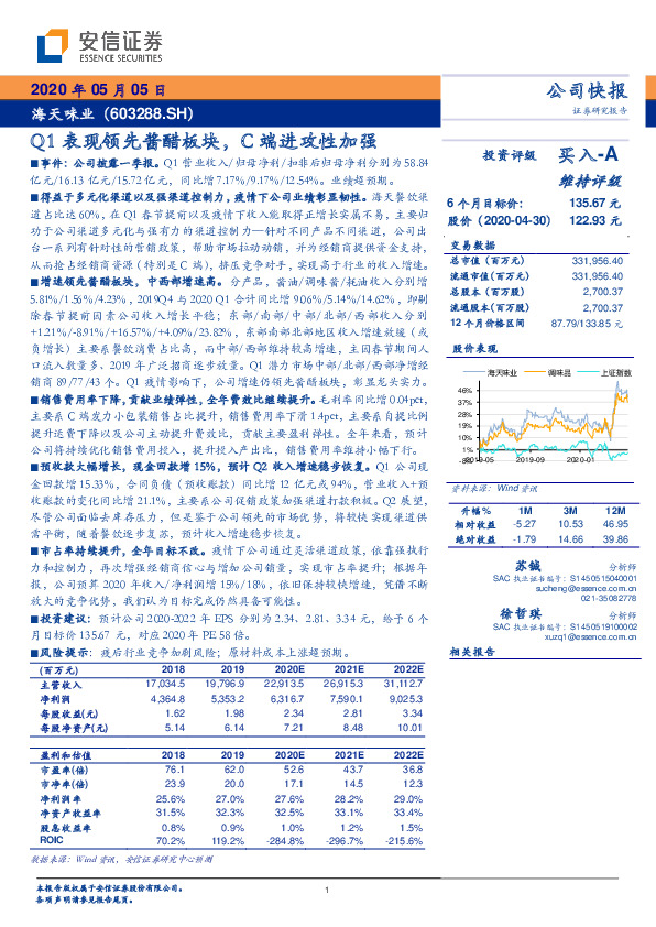Q1表现领先酱醋板块，C端进攻性加强