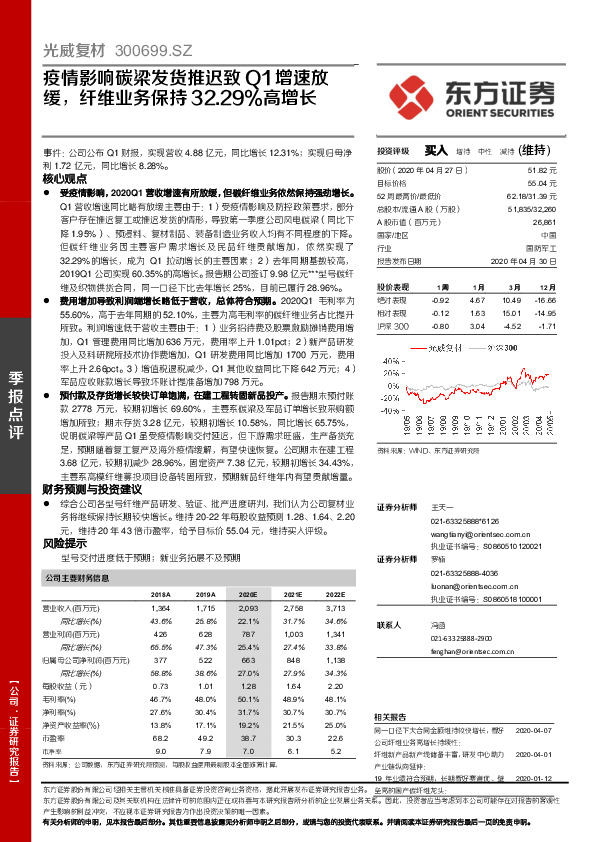 疫情影响碳梁发货推迟致Q1增速放缓，纤维业务保持32.29%高增长