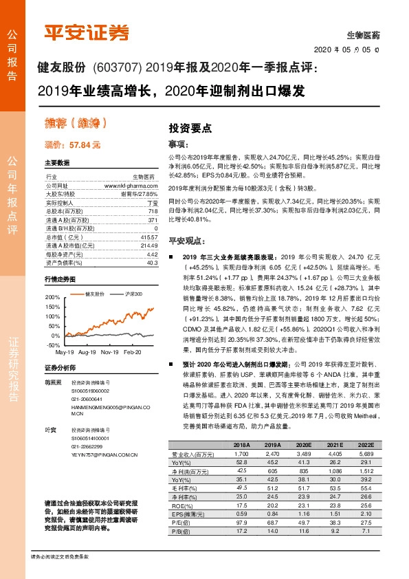 2019年报及2020年一季报点评：2019年业绩高增长，2020年迎制剂出口爆发