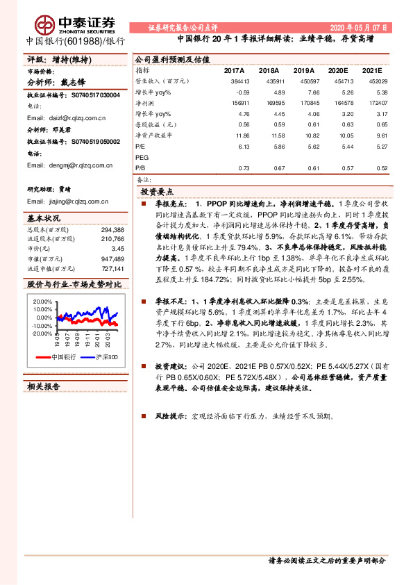 中国银行20年1季报详细解读：业绩平稳，存贷高增