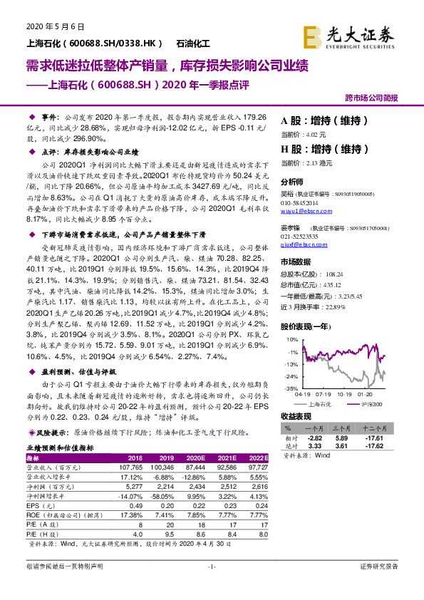 2020年一季报点评：需求低迷拉低整体产销量，库存损失影响公司业绩