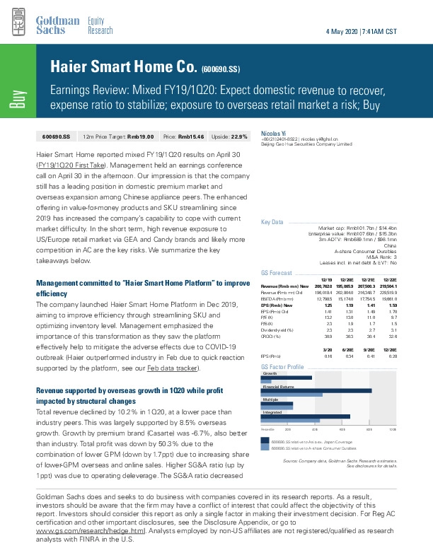 Earnings Review: Mixed FY19/1Q20: Expect domestic revenue to recover, expense ratio to stabilize; exposure to overseas retail market a risk; Buy