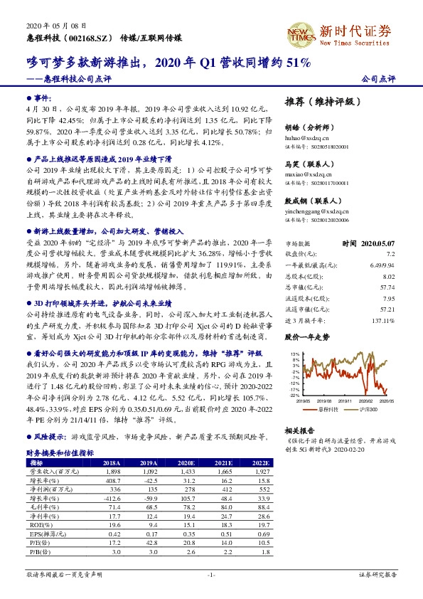 惠程科技公司点评：哆可梦多款新游推出，2020年Q1营收同增约51%