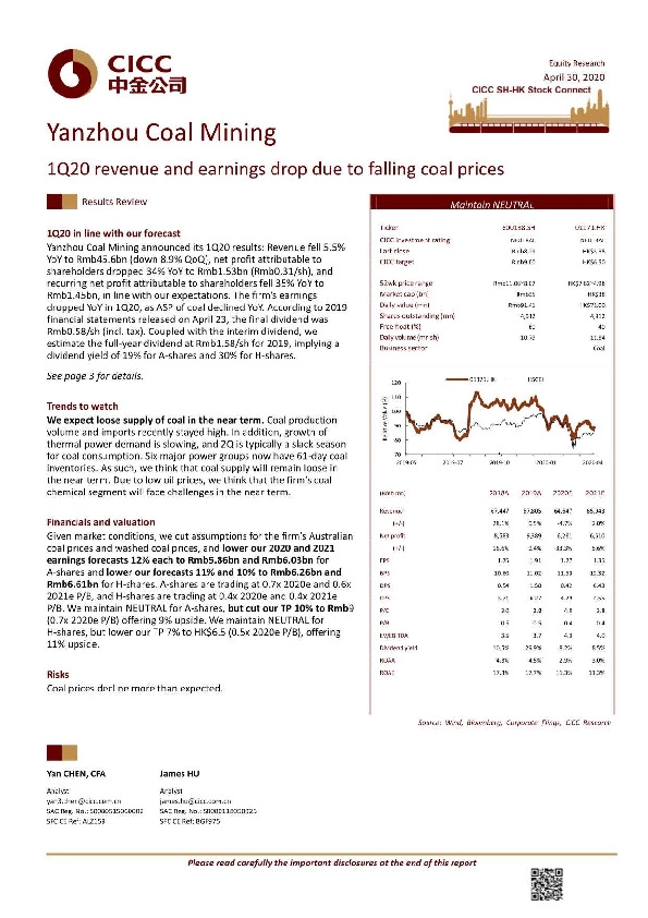 1Q20 revenue and earnings drop due to falling coal prices