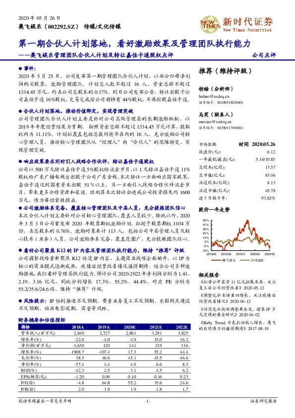 奥飞娱乐管理团队合伙人计划及转让嘉佳卡通股权点评：第一期合伙人计划落地，看好激励效果及管理团队执行能力