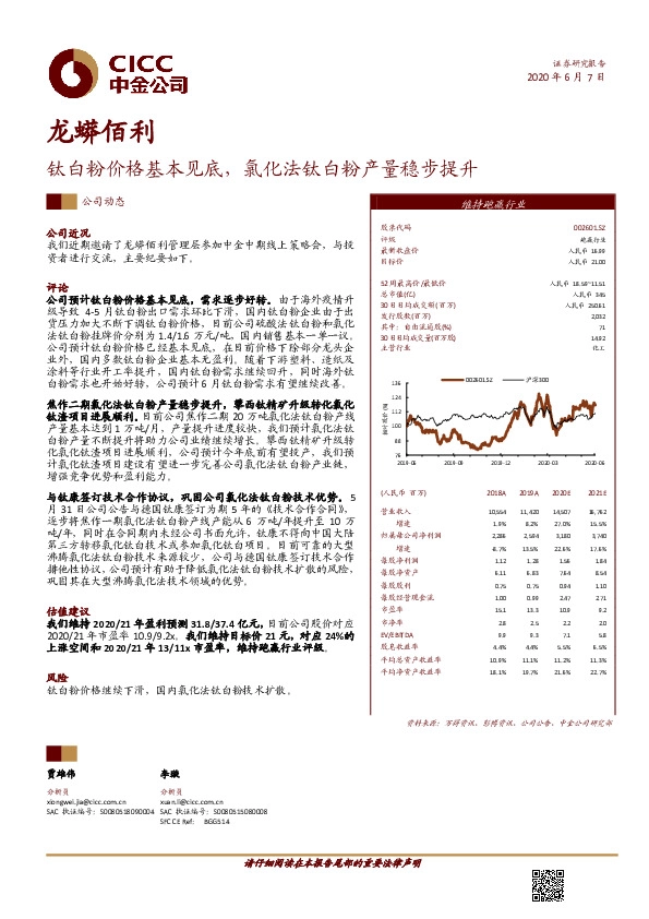 钛白粉价格基本见底，氯化法钛白粉产量稳步提升