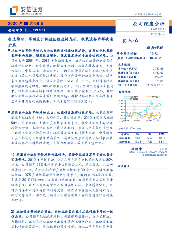 安达维尔：军用直升机抗坠毁座椅龙头，机载设备取得快速扩展