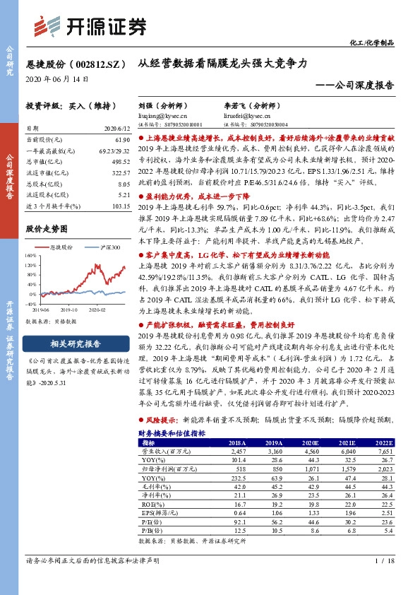 公司深度报告：从经营数据看隔膜龙头强大竞争力