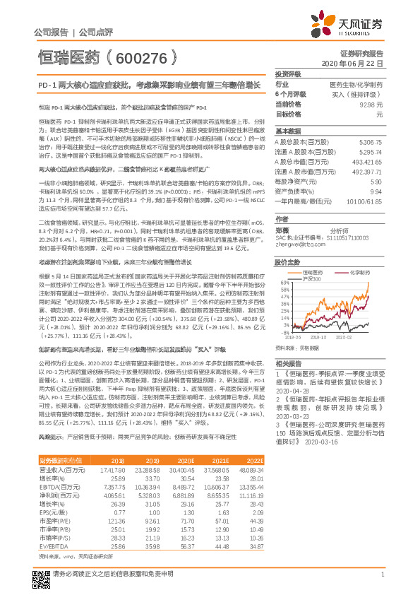 PD-1两大核心适应症获批，考虑集采影响业绩有望三年翻倍增长