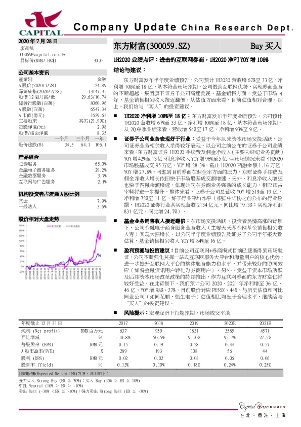 1H2020业绩点评：进击的互联网券商，1H2020净利YOY增108%