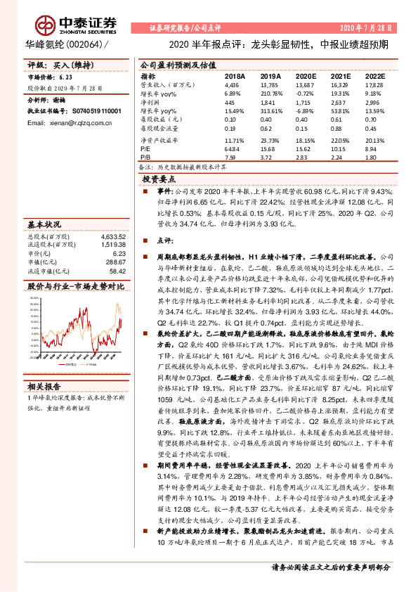 2020半年报点评：龙头彰显韧性，中报业绩超预期