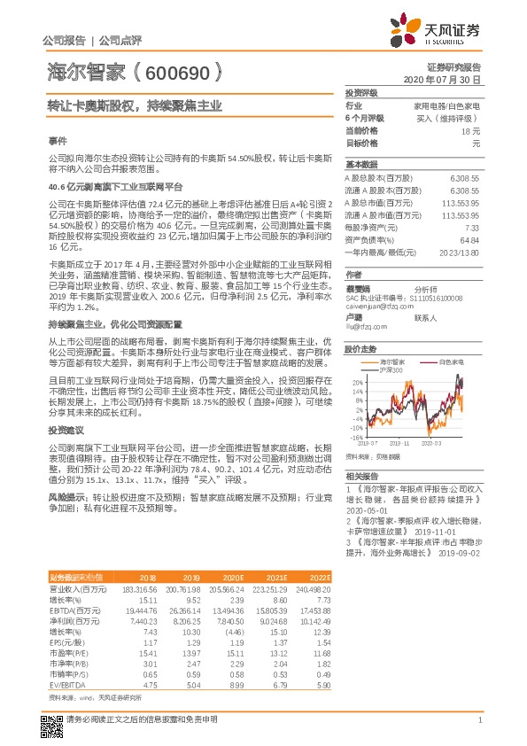 转让卡奥斯股权，持续聚焦主业