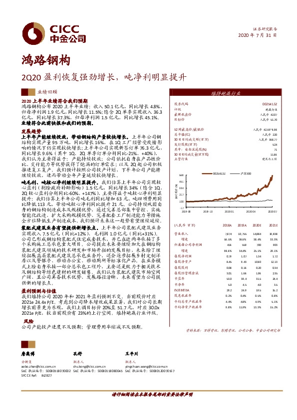 2Q20盈利恢复强劲增长，吨净利明显提升