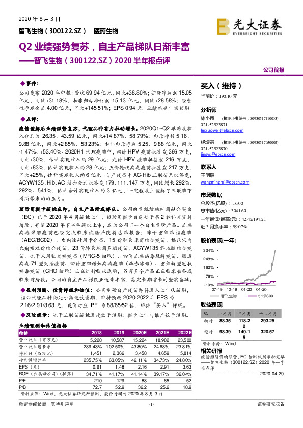 2020半年报点评：Q2业绩强势复苏，自主产品梯队日渐丰富