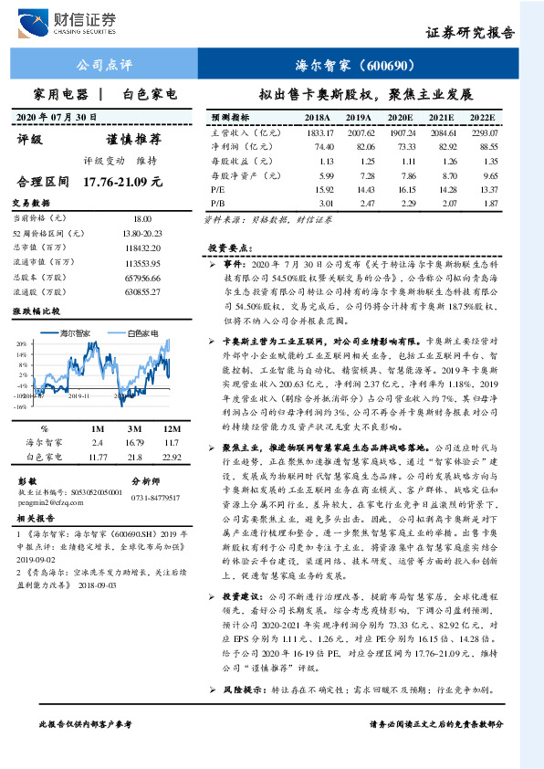 拟出售卡奥斯股权，聚焦主业发展