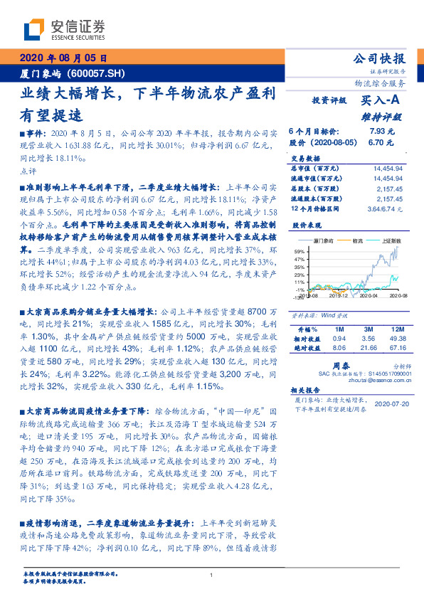 业绩大幅增长，下半年物流农产盈利有望提速