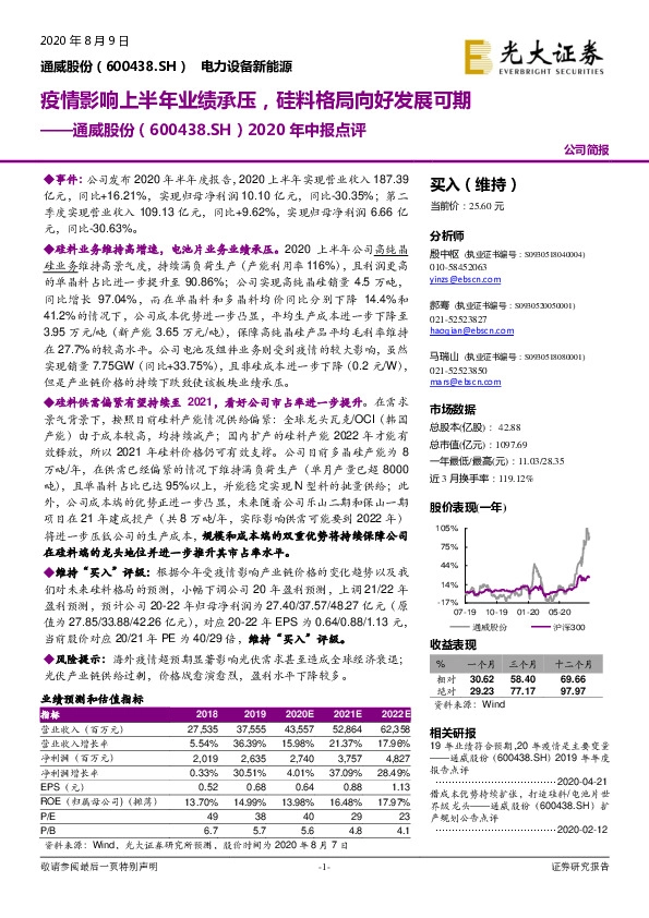 2020年中报点评：疫情影响上半年业绩承压，硅料格局向好发展可期