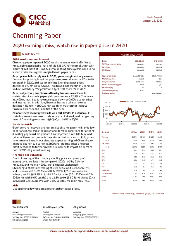 2Q20 earnings miss; watch rise in paper price in 2H20