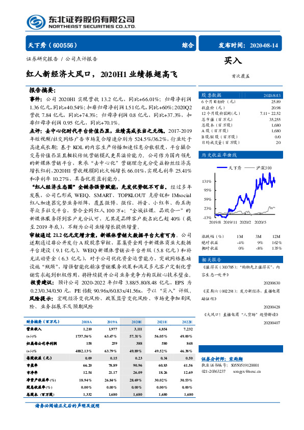 红人新经济大风口，2020H1业绩振翅高飞