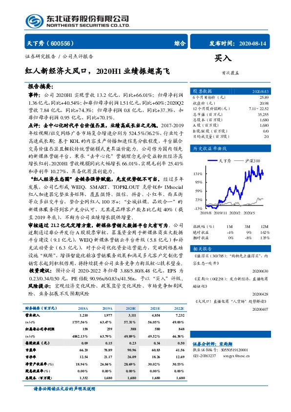 红人新经济大风口，2020H1业绩振翅高飞