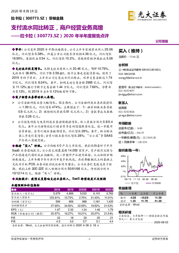 2020年半年度报告点评：支付流水同比转正，商户经营业务高增